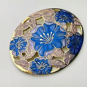 VTG Fish & Crown Signed Cloisonné Enamel Blue Lavender Floral Oval Shaped Brooch